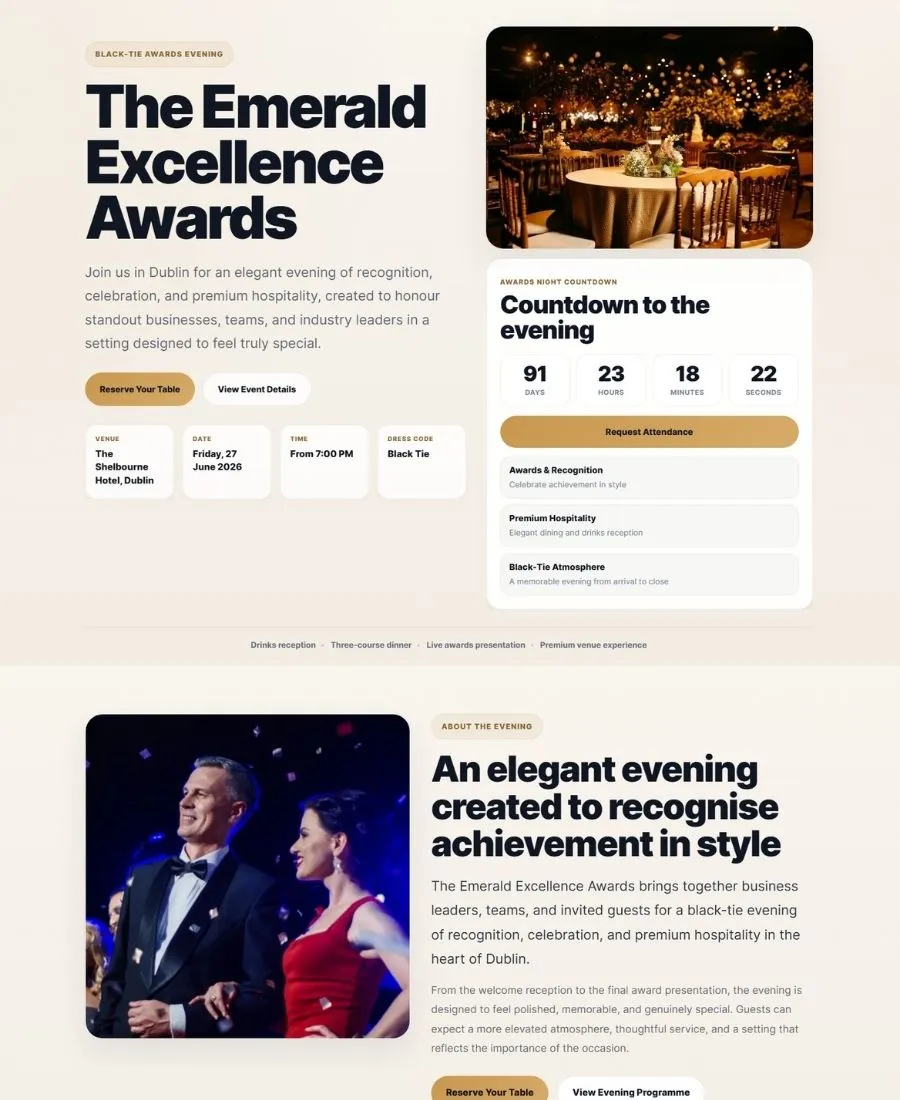 Preview of an EventLift awards and gala event landing page example