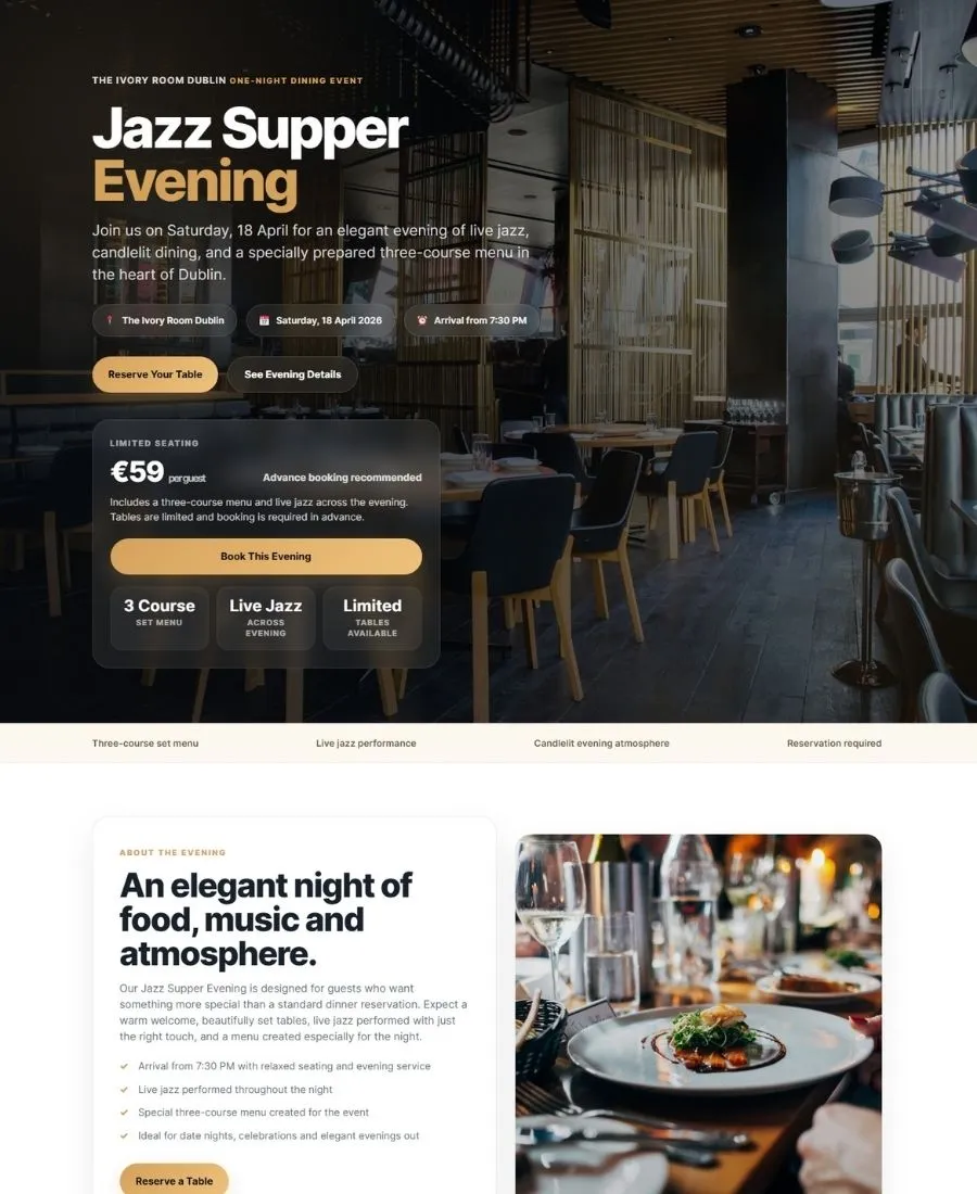 Preview of an EventLift dining experience event landing page example
