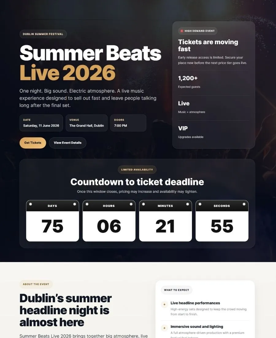 Preview of an EventLift live music and festival event landing page example