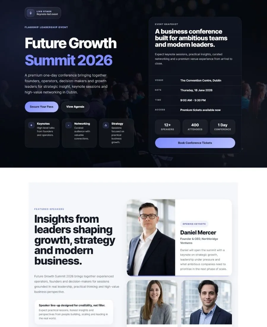 Preview of an EventLift multi speaker summit event landing page example