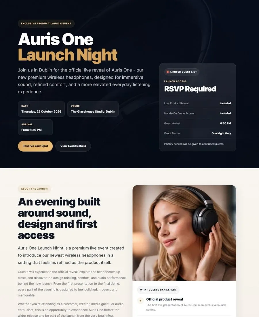 Preview of an EventLift product launch event landing page example