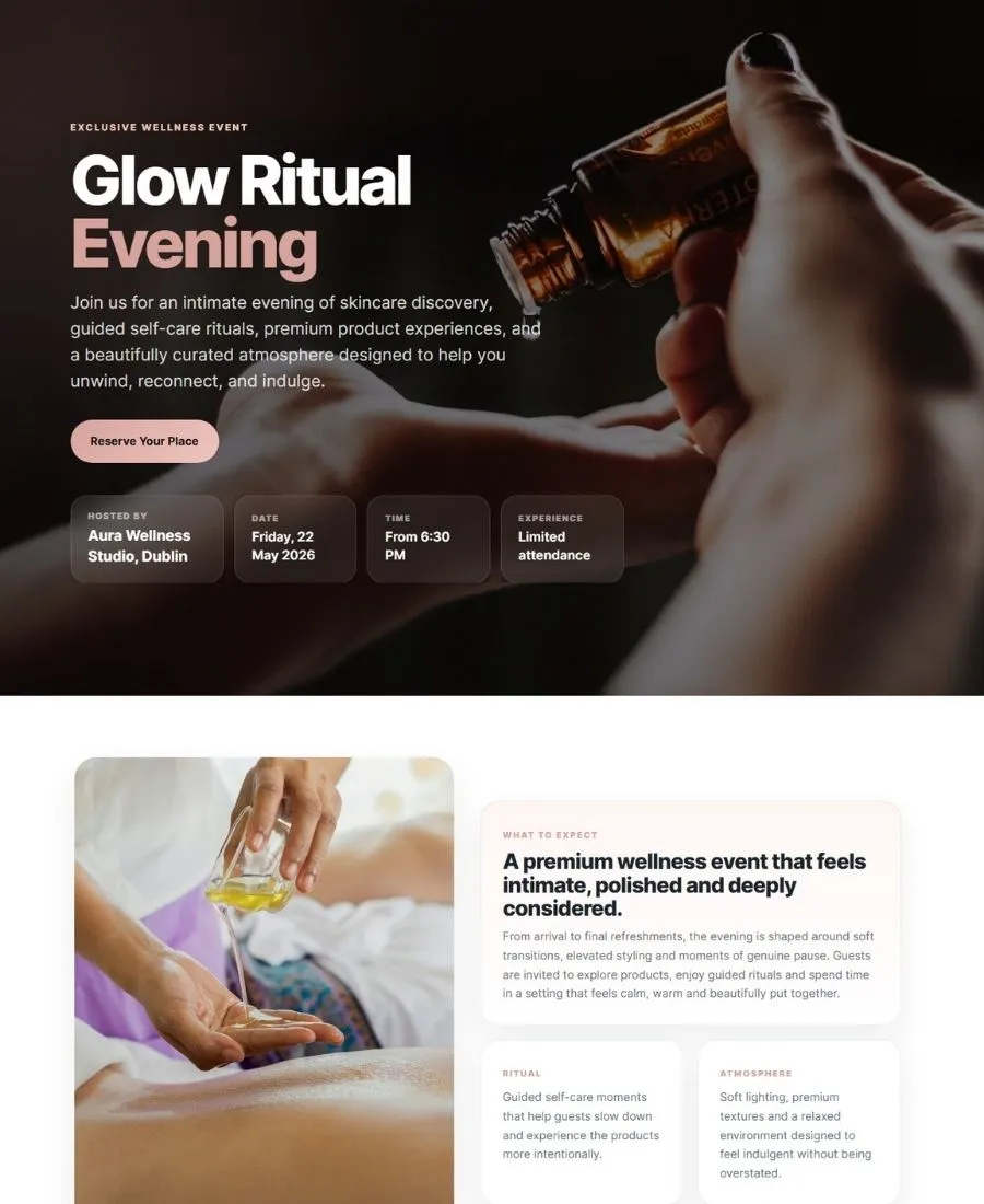 Preview of an EventLift wellness experience event landing page example