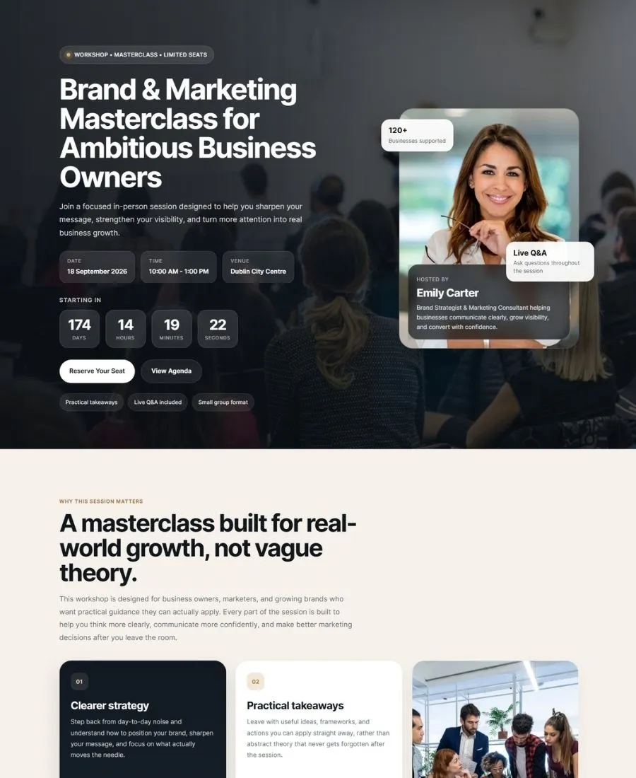 Preview of an EventLift workshop and masterclass event landing page example