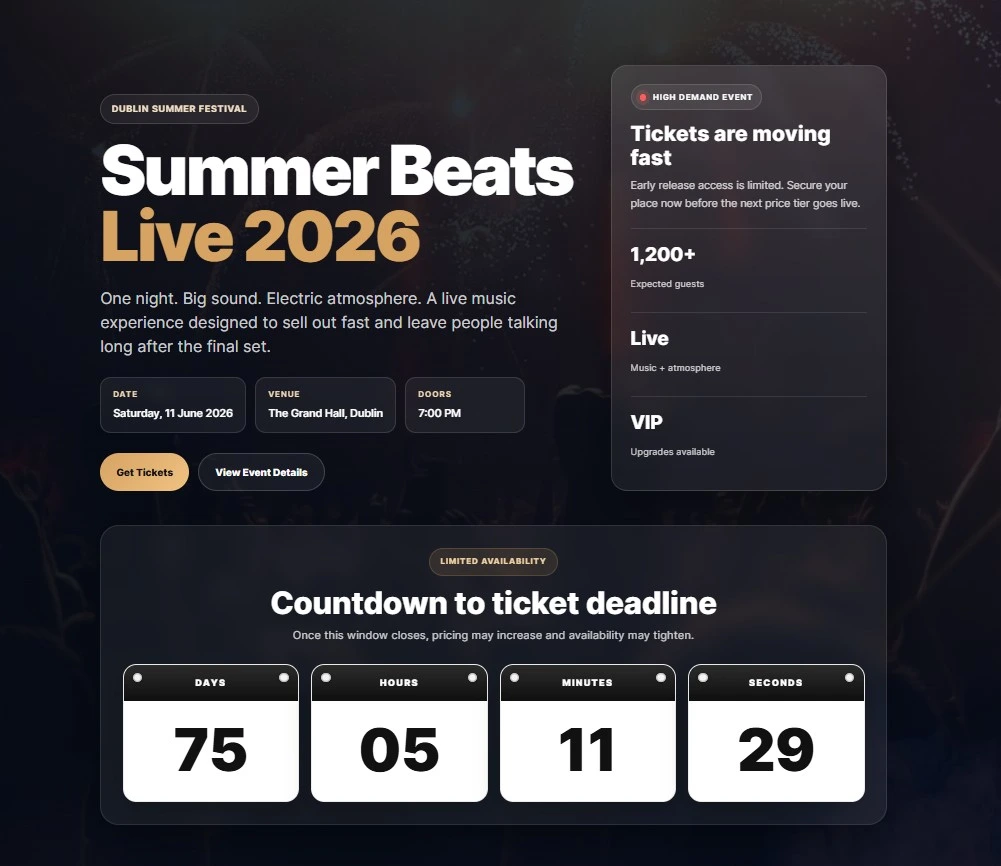 Featured live music and festival event page example on the EventLift homepage