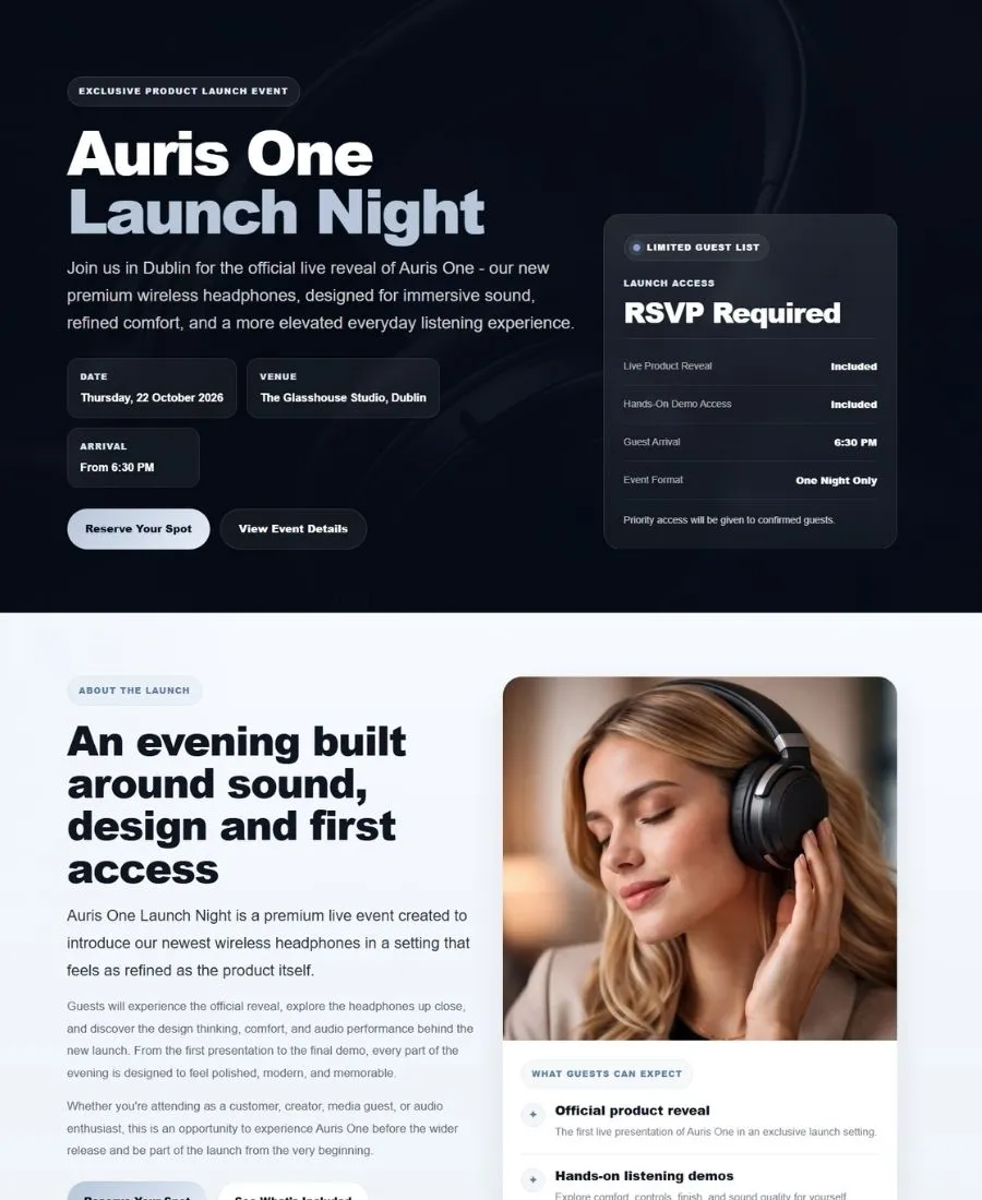 Product launch event page example