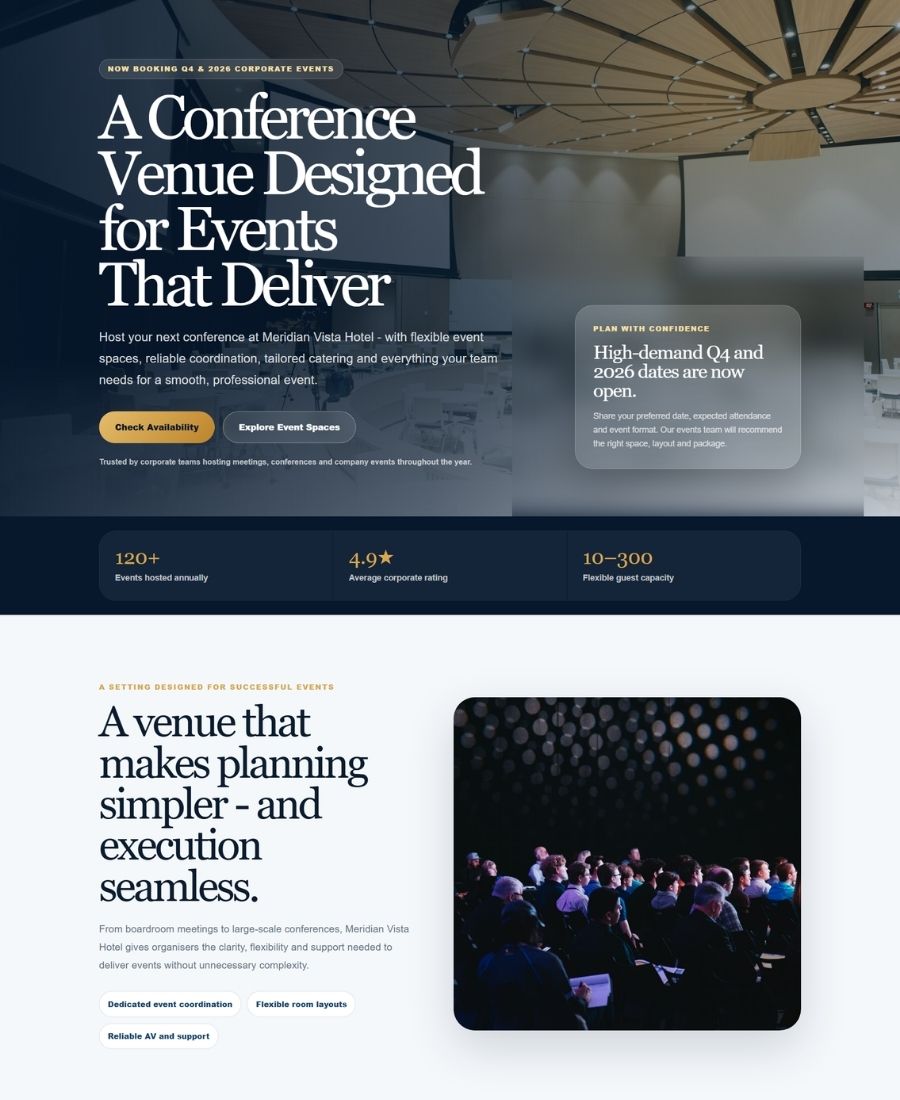 Corporate events and conferences page example