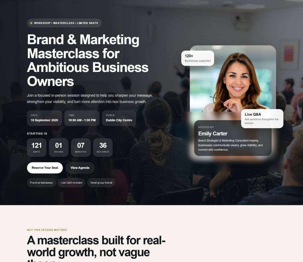 Workshop and masterclass EventLift example page